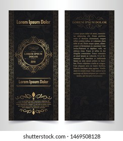 Vector set of design elements labels, icon, logo, frame, luxury packaging for the product. Vertical gold cards on a black background. Templates vintage postcards with foil