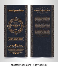 Vector set of design elements labels, icon, logo, frame, luxury packaging for the product. Vertical gold cards on a black background. Templates vintage postcards with foil