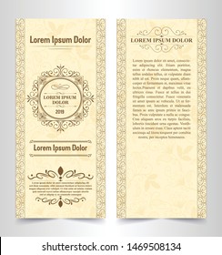 Vector set of design elements labels, icon, logo, frame, luxury packaging for the product. Vertical gold cards on a black background. Templates vintage postcards with foil