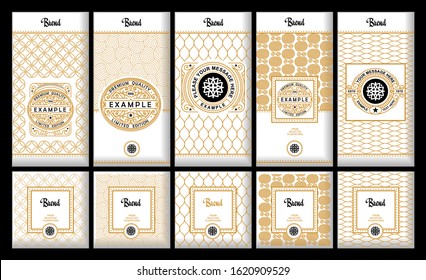 Vector set of design elements, labels ,icon, frames ,for packaging, design of luxury products. Made with golden foil. For perfume, lotion, wine, tea, coffee. Isolated on gold and geometric background.