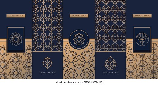 Vector set of design elements labels, icon, logo, frame, luxury packaging for the product. Vertical black cards on a gold background. Templates vintage ornament pattern logo.