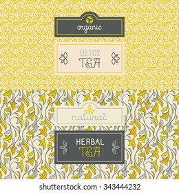 Vector set of design elements, labels and seamless pattern for packaging for herbal and detox tea - healthy and organic drinks concepts