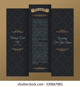 Vector set of design elements labels, icon, logo, frame, luxury packaging for the product. Vertical gold cards on a black background. Templates vintage postcards with foil