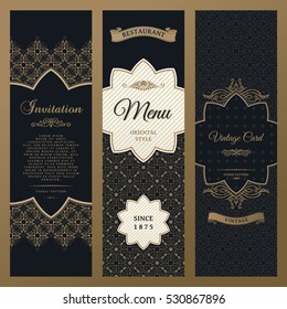 Vector set of design elements labels, icon, logo, frame, luxury packaging for the product. Vertical gold cards on a black background. Templates vintage postcards with foil