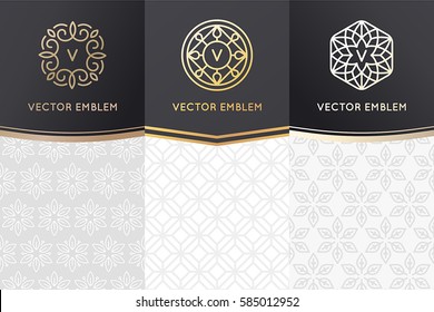 Vector set of design elements, labels and frames for packaging for luxury products in trendy linear style - simple and bright backgrounds and logo templates made with golden foil on black background