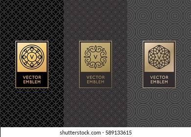 Vector set of design elements, labels and frames for packaging for luxury products in trendy linear style - simple and bright background made with golden foil on black background with copy space