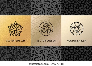 Vector set of design elements, labels and frames for packaging for luxury products in trendy linear style - simple and bright background made with golden foil on black background 