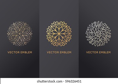 Vector set of design elements, labels and frames for packaging for luxury products in trendy linear style - simple and bright background made with golden foil on black background 