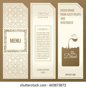 Vector set of design elements labels, icon, logo, frame, luxury packaging for the product. Vertical brown cards. Template vintage postcards