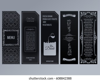 Vector set of design elements labels, icon, logo, frame, luxury packaging for the product. Vertical black cards on a gray background. Templates vintage postcards