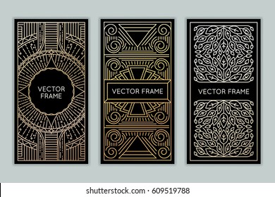 Vector set of design elements, labels and frames for packaging for luxury products in trendy linear style - simple and bright background made with golden foil on black background with copy space