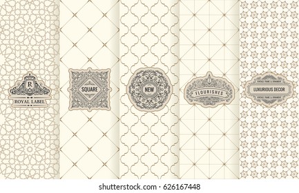 Vector set of design elements labels, icon, logo, frame, luxury packaging for the product. Vertical black cards on a white background. Templates vintage ornament