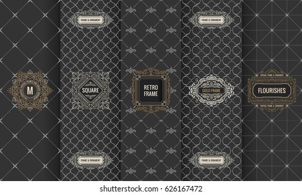Vector set of design elements labels, icon, logo, frame, luxury packaging for the product. Vertical old cards on a black background. Templates vintage ornament