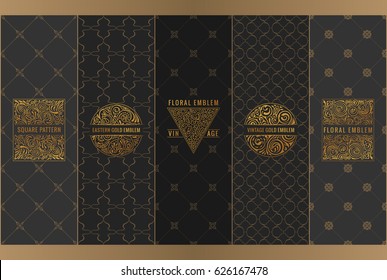 Vector set of design elements labels, icon, logo, frame, luxury packaging for the product. Vertical gold cards on a black background. Templates vintage ornament