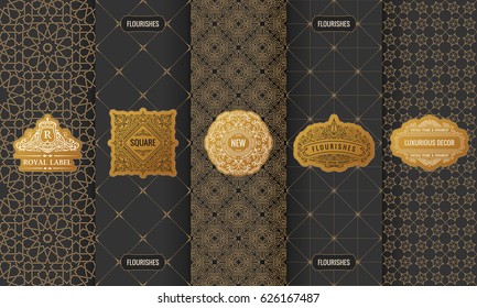 Vector set of design elements labels, icon, logo, frame, luxury packaging for the product. Vertical gold cards on a black background. Templates vintage ornament