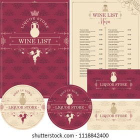 Vector set of design elements for liquor store in baroque style with jug of wine, grapes and crown. Menu cover, price list, stands for drinks and business cards on ornate backdrop with floral pattern