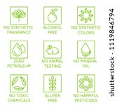 Vector set of design elements, logo design template, icons and badges for natural and organic cosmetics in trendy linear style - no synthetic fragrance and colors, no animal testing, non toxic
