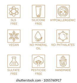 Vector set of design elements, logo design template, icons and badges for natural and organic cosmetics in trendy linear style - sls, silicone and sulfate free, no mineral oil, hypoallergenic, vegan