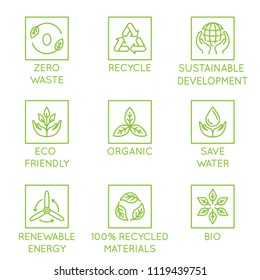 Vector Set Of Design Elements, Logo Design Template, Icons And Badges For Natural And Organic Ecological Products  In Trendy Linear Style - Zero Waste, Recycle, Sustainable, Development, Eco Friendly,