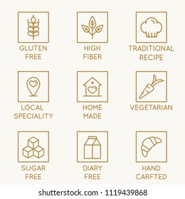 Vector set of design elements, logo design template, icons and badges for natural and organic bakery and healthy food products  in trendy linear style - gluten free, high fiber, traditional recipe