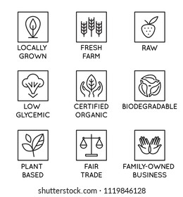 Vector set of design elements, logo design template, icons and badges for natural and organic cosmetics and products  in trendy linear style - locally grown, fresh farm, raw, low glycemic