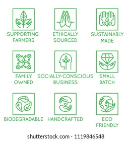 Vector set of design elements, logo design template, icons and badges for natural organic cosmetics and sustainably made products in linear style - supporting farmers, socially-conscious business