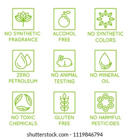 Vector set of design elements, logo design template, icons and badges for natural and organic cosmetics in trendy linear style - no synthetic fragrance and colors, no animal testing, non toxic