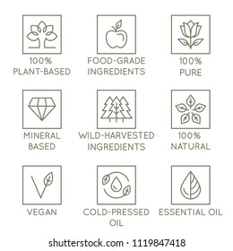 Vector set of design elements, logo design template, icons and badges for natural and organic cosmetics in trendy linear style - plant-based, food-grade and wild harvested ingredients, pure, vegan