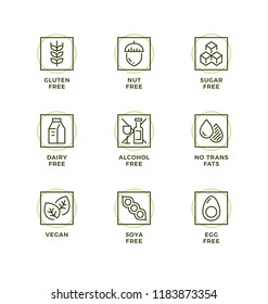 Vector set of design elements, logo design template, icons and badges for healthy food packaging without allergens. Line icon set, editable stroke.