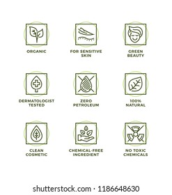 Vector set of design elements, logo design template, icons and badges for natural and organic cosmetic. Line icon set, editable stroke.