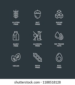 Vector set of design elements, logo design template, icons and badges for healthy food packaging without allergens. Black and white, line icon set, editable stroke. 