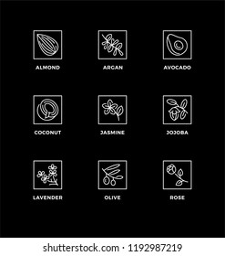 Vector set of design elements, logo design template, icons and badges for healthy food oils for cooking or for bio cosmetics. Black and white, line icon set, editable stroke. 