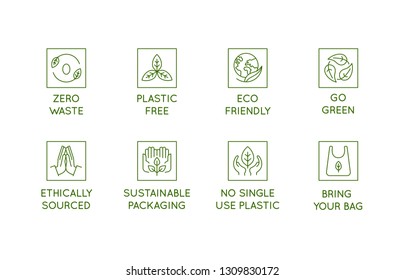 Vector set of design elements, logo design templates, icons and badges in trendy linear style - zero waste and plastic free concepts for stores with no packaging and natural and organic products