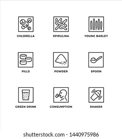 Vector set of design elements, logo design template, icons and badges for  superfood – chlorella, spirulina, young barley. Line icon set, editable stroke. 