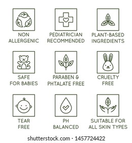 Vector set of design elements, logo design templates, icons and badges for natural and organic cosmetics and skincare for babies in trendy linear style - safe for newborns products -  pediatrician rec