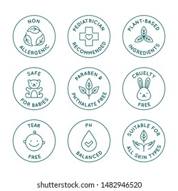 Vector set of design elements, logo design templates, icons and badges for natural and organic cosmetics and skincare for babies in trendy linear style - safe for newborns products -  pediatrician rec