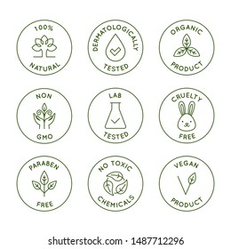 Vector set of design elements, logo design templates, icons and badges for natural and organic cosmetics packaging in trendy linear style - 100% natural, dermatologically and lab tested, vegan and cru