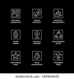 Vector set of design elements, logo design template, icons and badges for eco and bio products. Black and white, line icon set, editable stroke.
