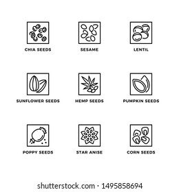 Vector set of design elements, logo design template, icons and badges for seeds. Line icon set, editable stroke. 