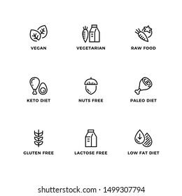 Векторный набор элементов дизайна, шаблон дизайна логотипа, значки и значки для здорового питания. Набор иконок линии, редактируемый штрих. 