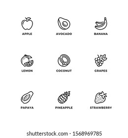 Vector set of design elements, logo design template, icons and badges for healthy fruis. Line icon set, editable stroke. 