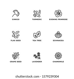 Vector set of design elements, logo design template, icons and badges for medical plants. Line icon set, editable stroke. 