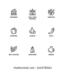 Vector set of design elements, logo design template, icons and badges for herbs and spices. Line icon set, editable stroke. 