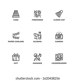 Vector set of design elements, logo design template, icons and badges for party. Line icon set, editable stroke. 