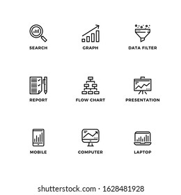Vector set of design elements, logo design template, icons and badges for data analysis. Line icon set, editable stroke. 