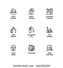 Vector set of design elements, logo design template, icons and badges for skin care. Line icon set, editable stroke. 
