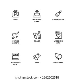 Vector set of design elements, logo design template, icons and badges for wedding. Line icon set, editable stroke. 