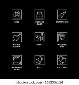 Vector set of design elements, logo design template, icons and badges for wedding. Line icon set, editable stroke. 