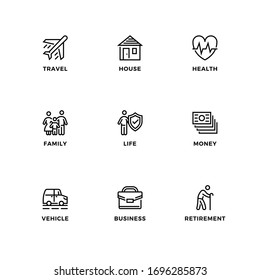 Vector set of design elements, logo design template, icons and badges for insurance. Line icon set, editable stroke. 