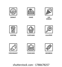 Vector set of design elements, logo design template, icons and badges for sweet-shop. Line icon set, editable stroke. 